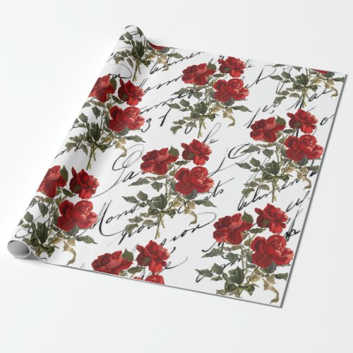 Red Rose Flower Vintage French Script Valentine Wrapping Paper