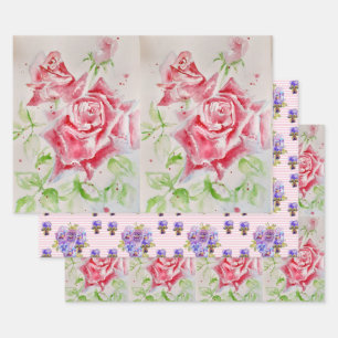Red Rose flower Watercolor Shabby Chic Roses Wrapping Paper Sheets