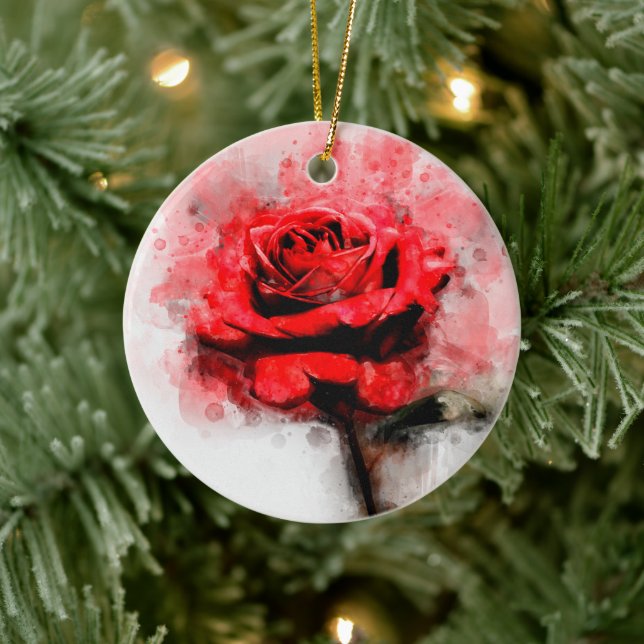 Red Rose flower watercolor - wb Ceramic Ornament (Tree)