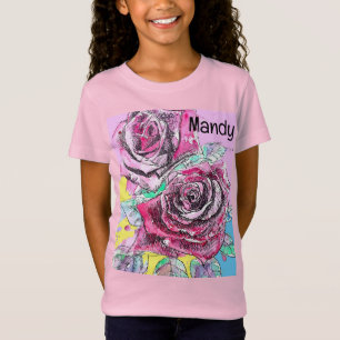 Red Rose Flower Watercolour Colorful Hot Pink Art T-Shirt