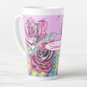 Red Rose Flower Watercolour Colorful Pink Art Latte Mug
