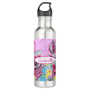 Red Rose Flower Watercolour Colorful Pink Art Stainless Steel Water Bottle