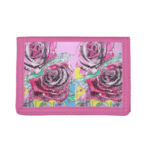 Red Rose Flower Watercolour Pink Colorful Art Tri-fold Wallet