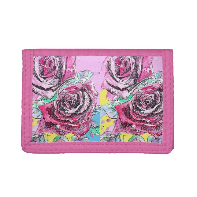 Red Rose Flower Watercolour Pink Colorful Art Trifold Wallet (Front)