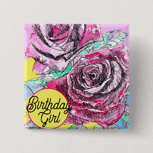 Red Rose Flower Watercolour Pink Colourful Mum Art Button