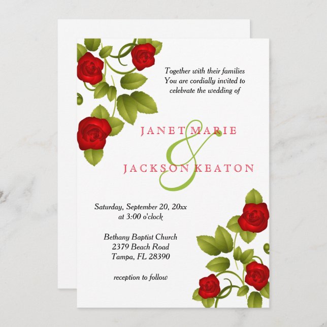 Red Rose Flower Wedding Invitation (Front/Back)