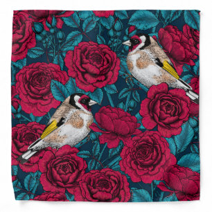 Red Rose flowers and goldfinch birds Bandana