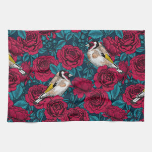Red Rose flowers and goldfinch birds Kitchen Towel