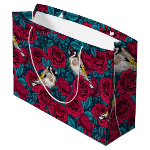 Red Rose flowers and goldfinch birds Large Gift Bag