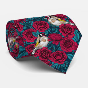 Red Rose flowers and goldfinch birds Neck Tie