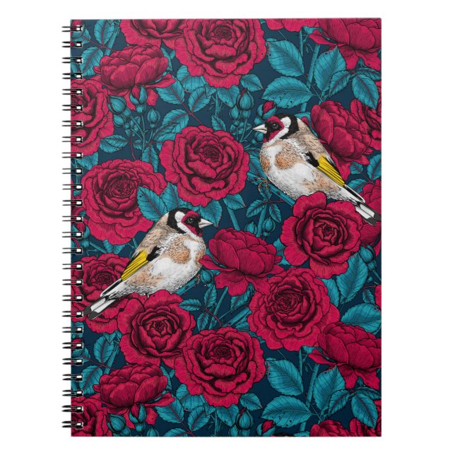 Red Rose flowers and goldfinch birds Notebook (Front)