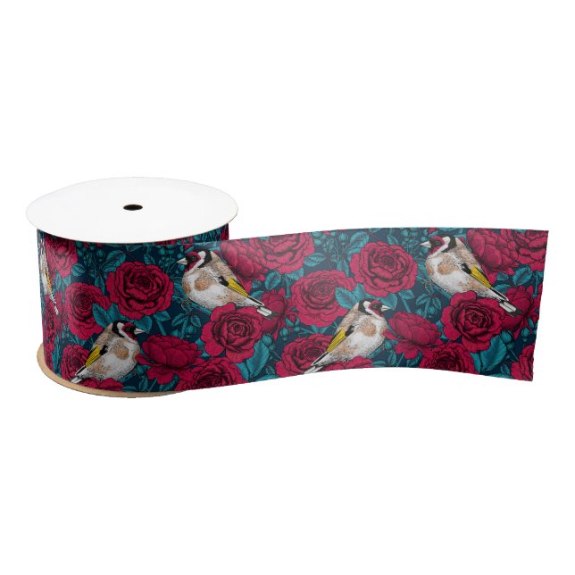 Red Rose flowers and goldfinch birds Satin Ribbon (Spool)