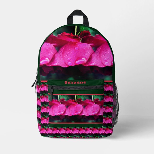Red Rose Flowers And Raindrops Personalized Printed Backpack (Front)