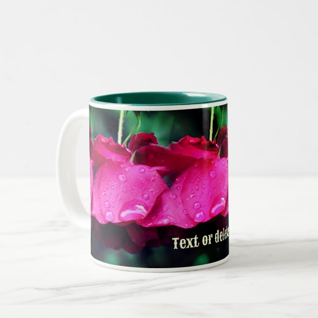 Red Rose Flowers And Raindrops Personalized Two-Tone Coffee Mug (Front Left)