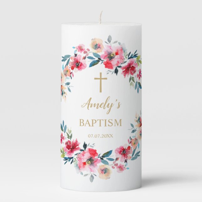 Red Rose Flowers Girl Baptism Pillar Candle (Front)
