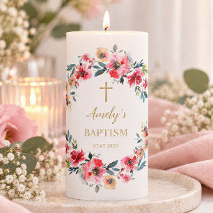 Red Rose Flowers Girl Baptism Pillar Candle