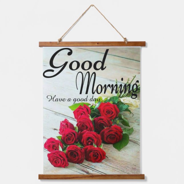Red Rose Flowers Good Morning  Hanging Tapestry (Front)
