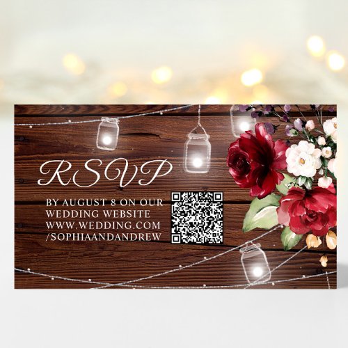 Red Rose Flowers Rustic Wood Wedding QR Code RSVP Enclosure Card