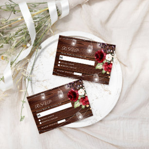 Red Rose Flowers Rustic Wood Wedding RSVP Card