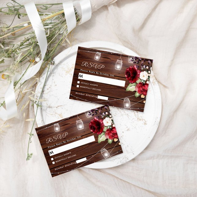 Red Rose Flowers Rustic Wood Wedding RSVP Card (Creator Uploaded)