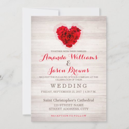 Red rose formal wedding invitation card hhn01 - Heart shaped red rose on wood background formal wedding invitation card . Matching products available. Search "hhn01" to see all products with this elegant / romantic red rose design