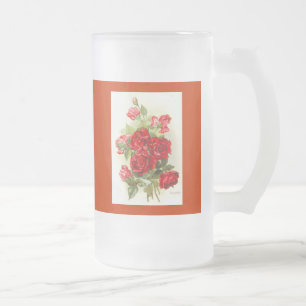 red rose frosted glass beer mug