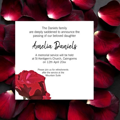 Red Rose Funeral Announcement Card