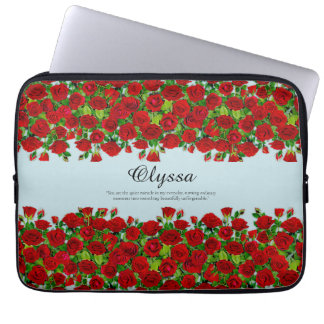Red Rose Garden Floral Custom Name Romantic Laptop Sleeve