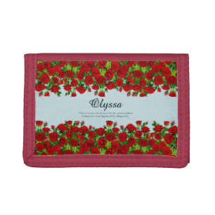 Red Rose Garden Floral Custom Name Romantic Tri-fold Wallet