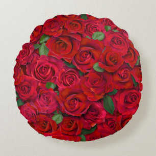 Red Rose Garden Floral Seamless Romantic Pattern Round Pillow
