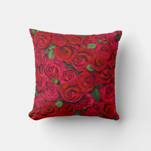 Red Rose Garden Floral Seamless Romantic Pattern Throw Pillow
