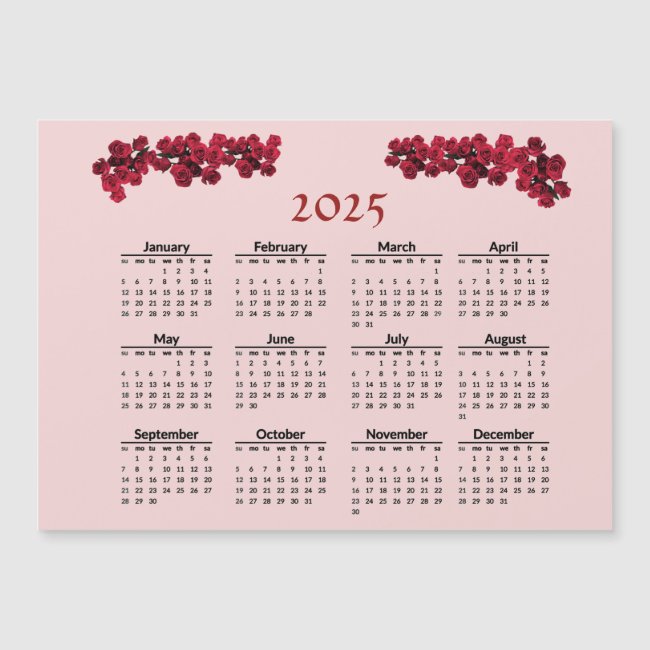 Red Rose Garden Flower 2025 Calendar Magnetic Card