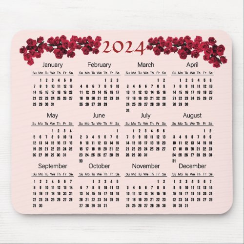 Red Rose Garden Flowers 2024 Floral Calendar Mouse Pad