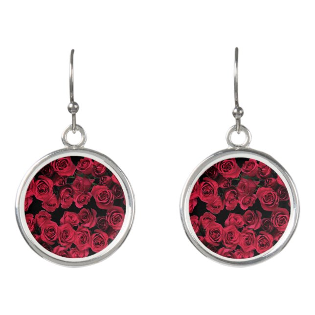Red Rose Garden Flowers Floral Drop Earrings (Front)