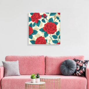 Red Rose Garden Pattern - Vintage Floral Art Canvas Print