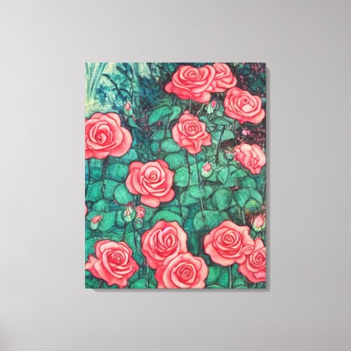 Red Rose Garden Vintage Floral Painting Canvas Print