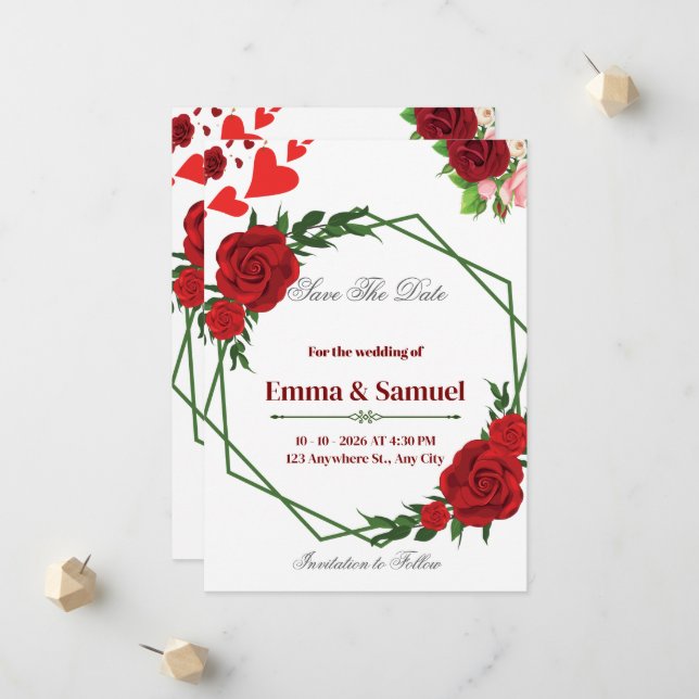 Red Rose Geometric Save The Date Card (Front/Back In Situ)