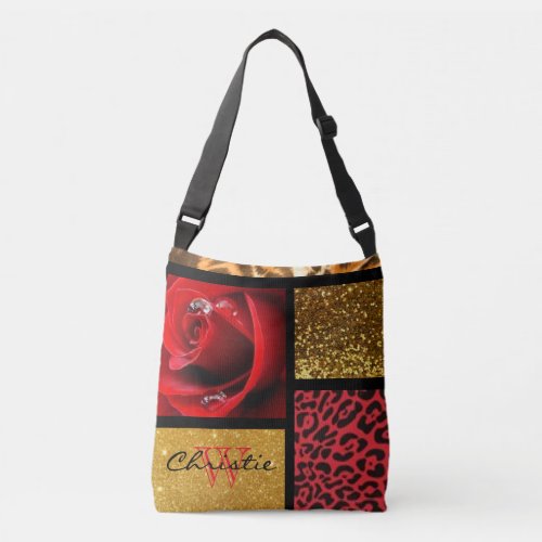 Red Rose Glitter Gold Leopard Collage Crossbody Bag