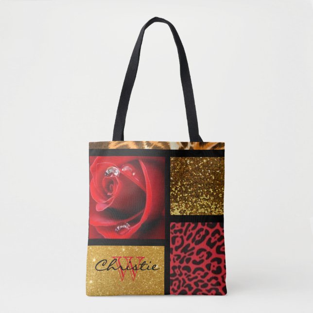 Red Rose Glitter Gold Leopard Collage Tote Bag (Front)
