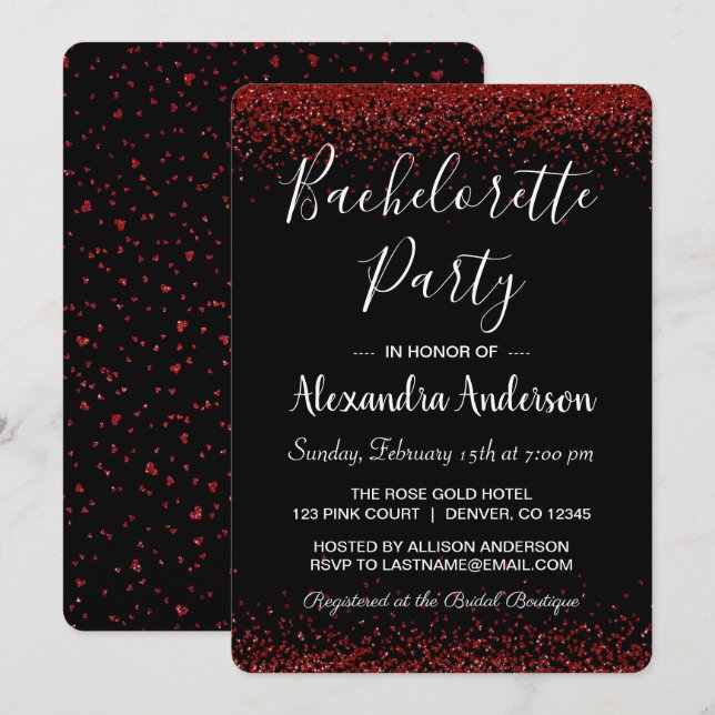 Red Rose Glitter Sparkle Bachelorette Party Invitation (Front/Back)