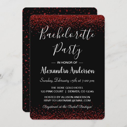 Red Rose Glitter Sparkle Bachelorette Party Invitation