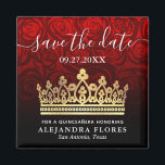 Red Rose Gold Black Quinceanera Save the Date Magnet<br><div class="desc">Beautiful red rose gold black quinceanera save the date magnets featuring an elegant princess crown/tiara. The ornate floral design created by Raphaela Wilson features a soft ombre fade of dark burgundy red and black. Customizing the design further will reveal other creative options for these small wedding save the date magnets....</div>