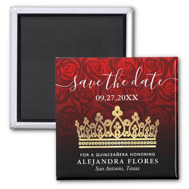 Red Rose Gold Black Quinceanera Save the Date Magnet (Front)