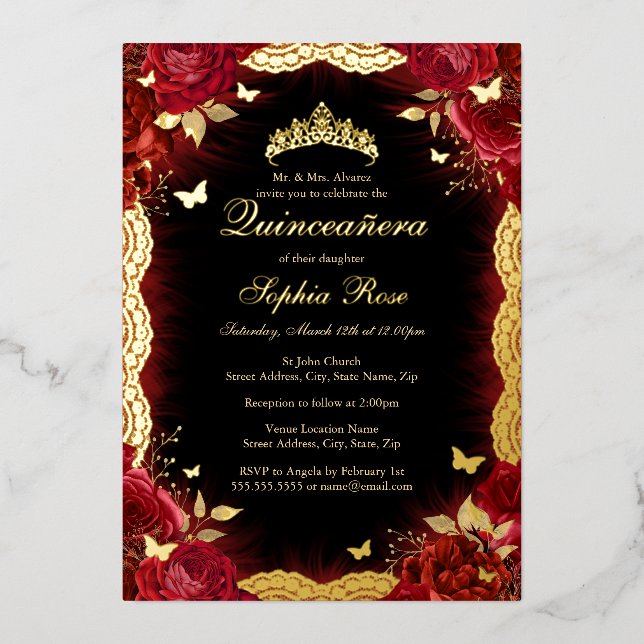 Red Rose Gold Butterfly Lace Quinceanera Birthday  Foil Invitation (Front)