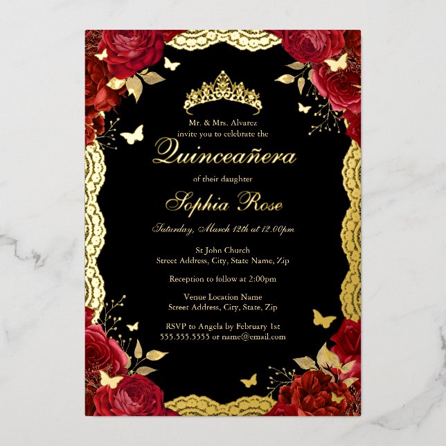 Red Rose Gold Butterfly Lace Quinceanera Birthday  Foil Invitation (Front)
