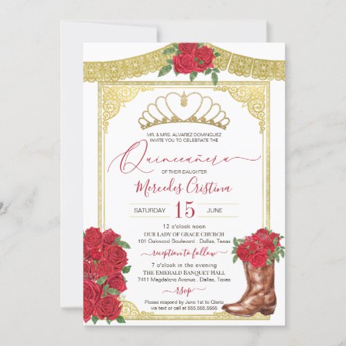 Red Rose  Gold Charra Floral Boot Quinceanera  In Invitation