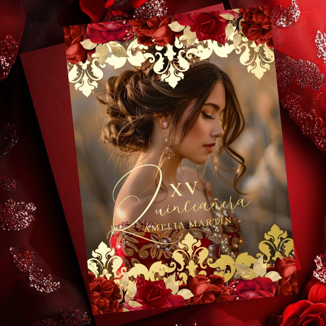 Red Rose Gold Damask Floral Photo Quinceanera Foil Invitation (Creator Uploaded)