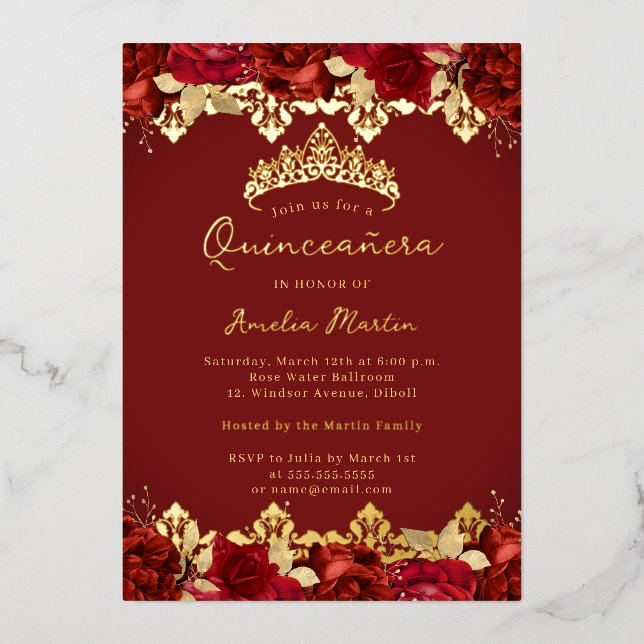 Red Rose Gold Damask Floral Quinceanera Foil Invitation (Front)