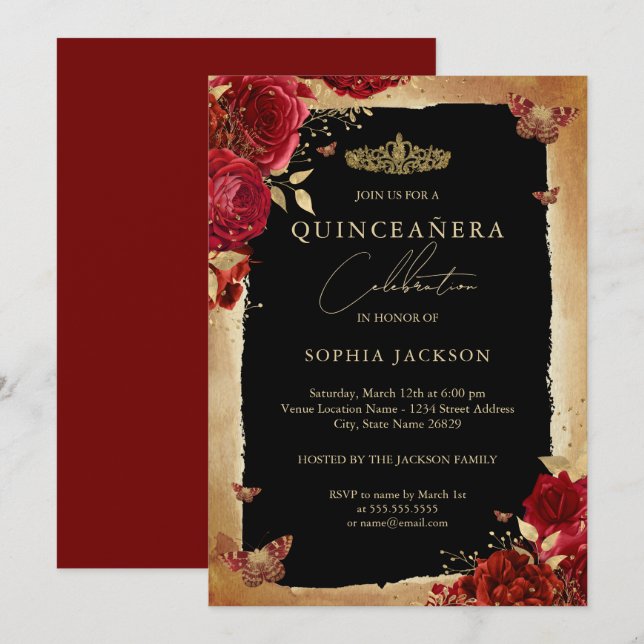 Red Rose Gold Elegant Quinceanera Invitation (Front/Back)
