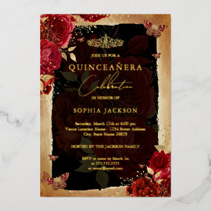 Red Rose Gold Floral Butterfly Tiara Quinceanera Foil Invitation